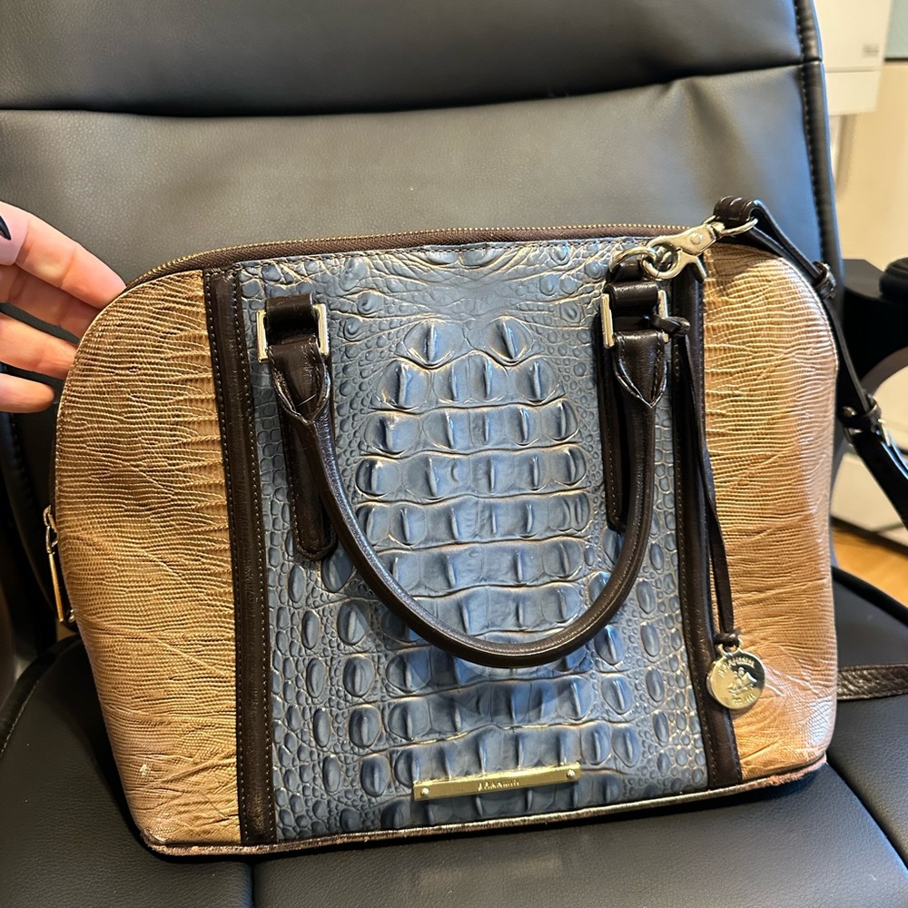 Brahmin Duxbury blue and brown.  Works as a crossbody or satchel.